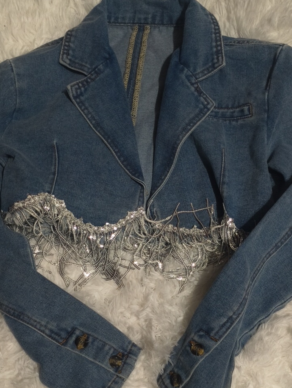 Fringe Crop Denim Jacket Xs